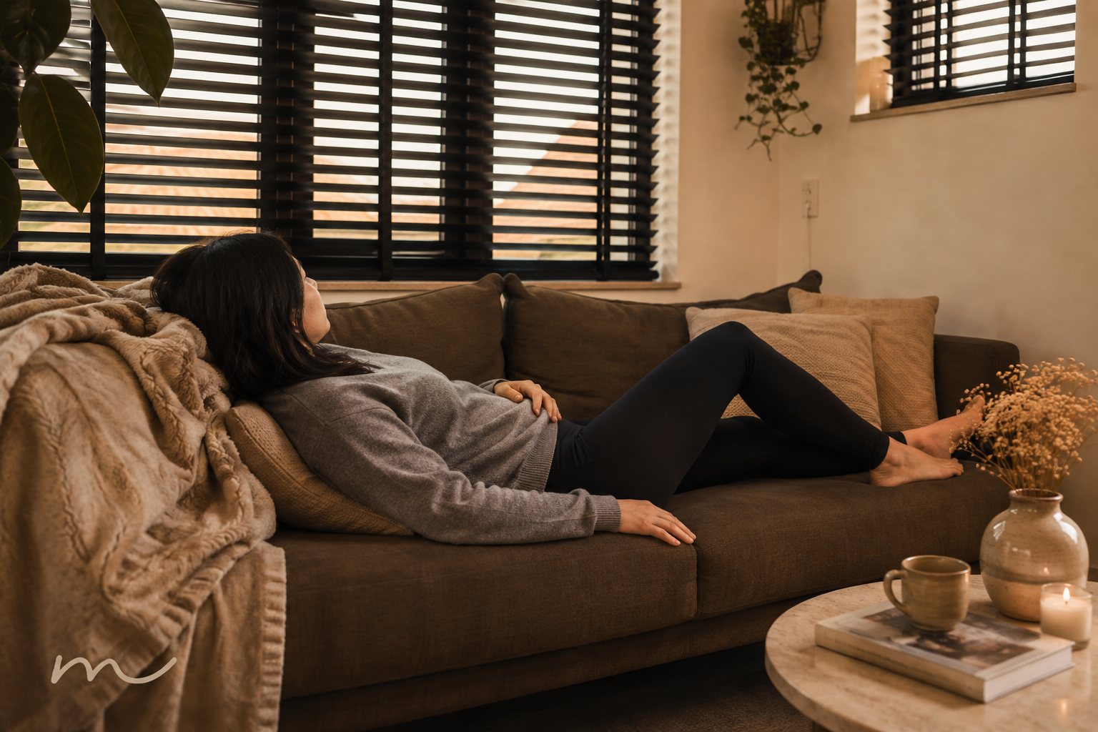 Vrouw schrikreactie rustige omgeving Vrouw in een rustige huiselijke omgeving met lichte lichamelijke spanning, symbool voor een lichaam dat alert blijft ook zonder gevaar.