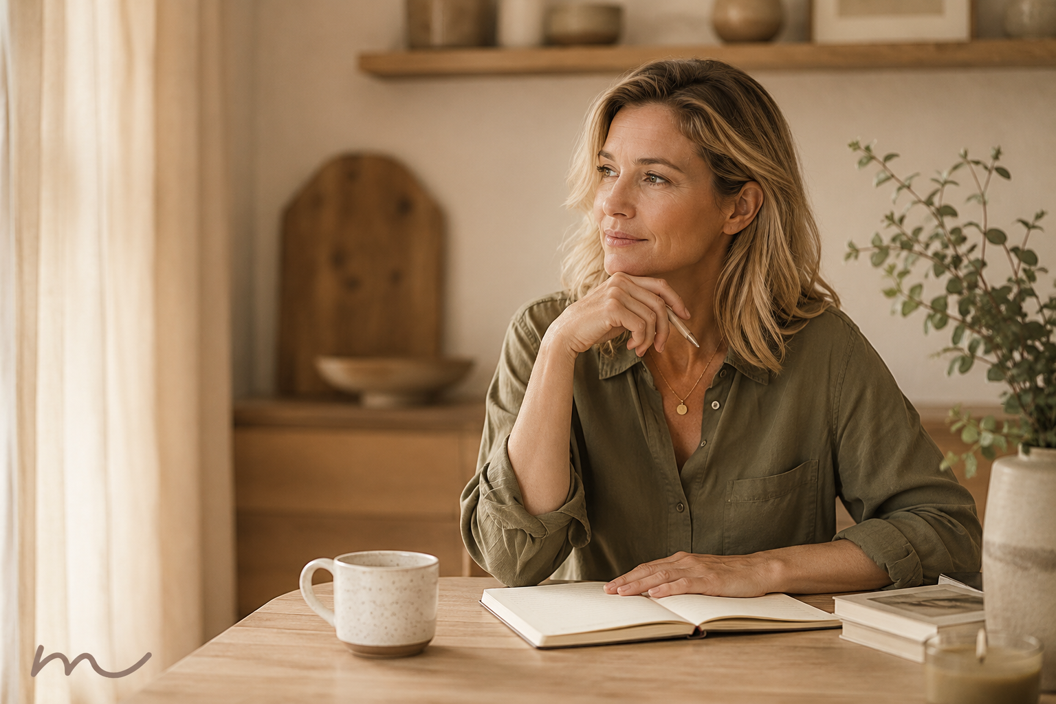 Vrouw zit rustig nadenkend aan een tafel, warm daglicht, geen duidelijke spanning in de houding.