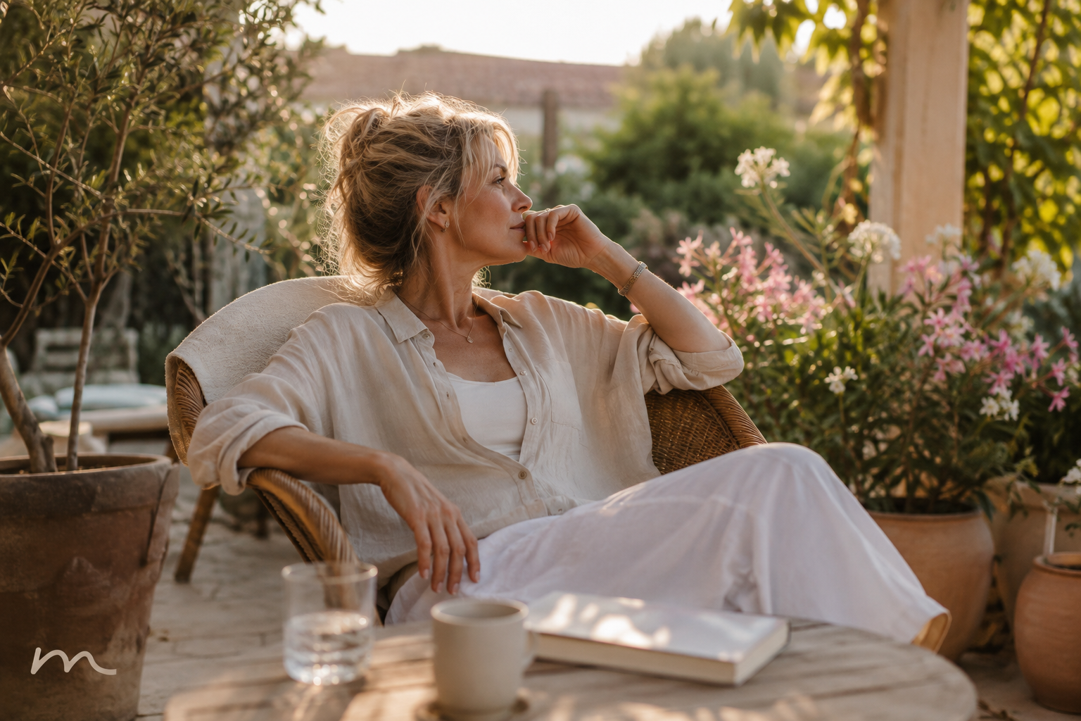 Vrouw die buiten in de zon probeert te ontspannen, ogen dicht, lichaam nog niet helemaal tot rust.