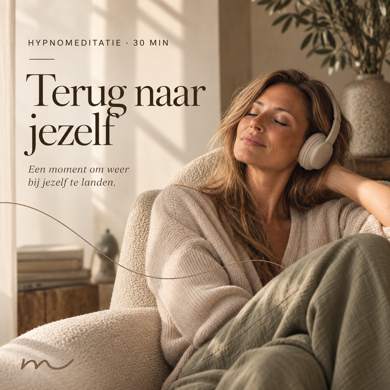 Hypnomeditatie Terug naar jezelf – vrouw met koptelefoon in een warm interieur, een moment om weer bij jezelf te landen